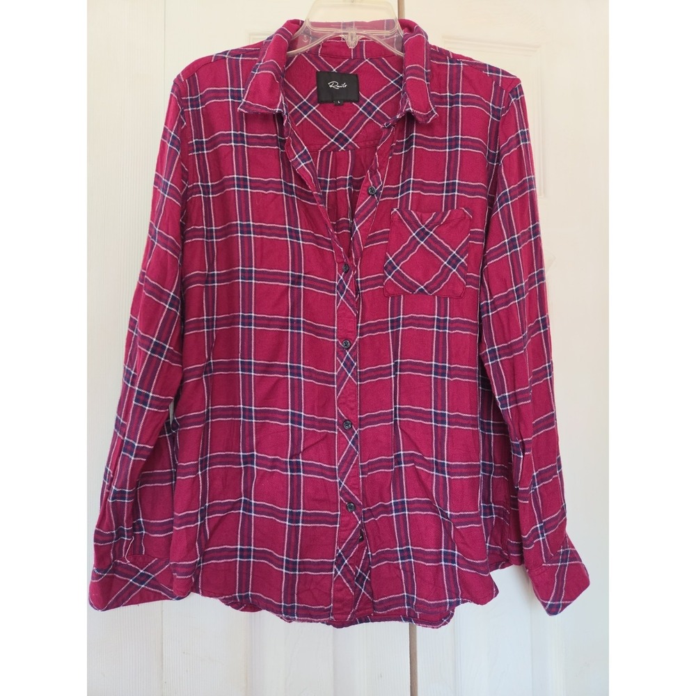 Rails Hunter Women's Navy Burgundy Plaid Flannel Button Down Shirt Size Large